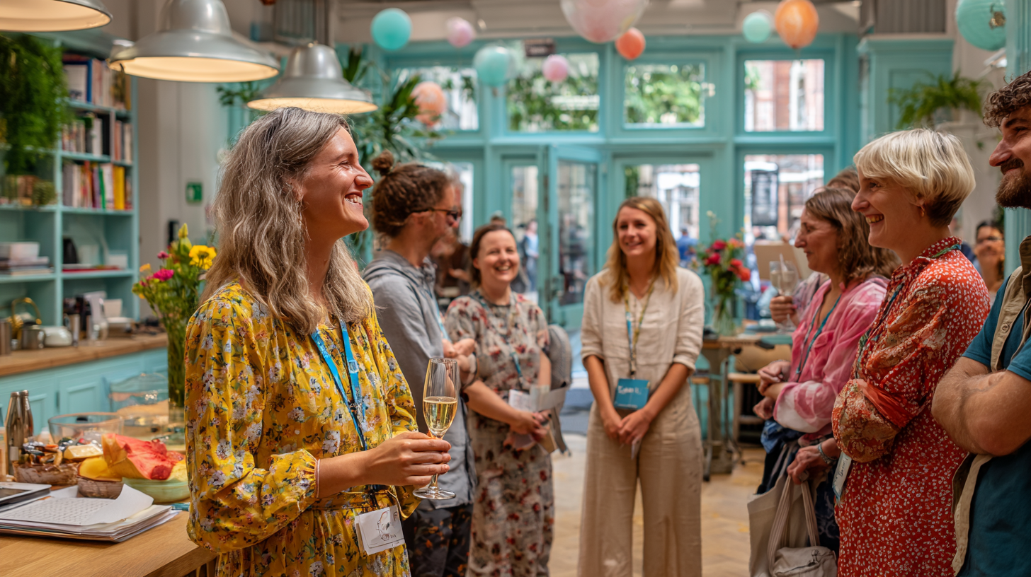 A small group of diverse adults chatting and introducing themselves at a relaxed social gathering