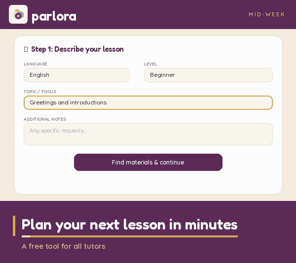 Parlora's AI Lesson Planner generating a beginner English lesson on greetings and introductions