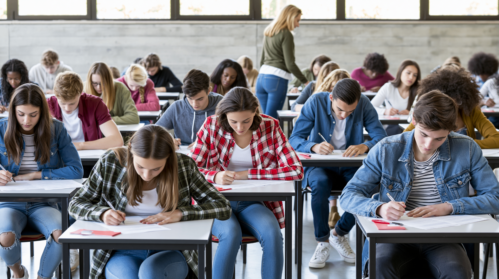 Students sitting at desks taking a written English grammar test in a bright classroom, a teacher supervising in the background