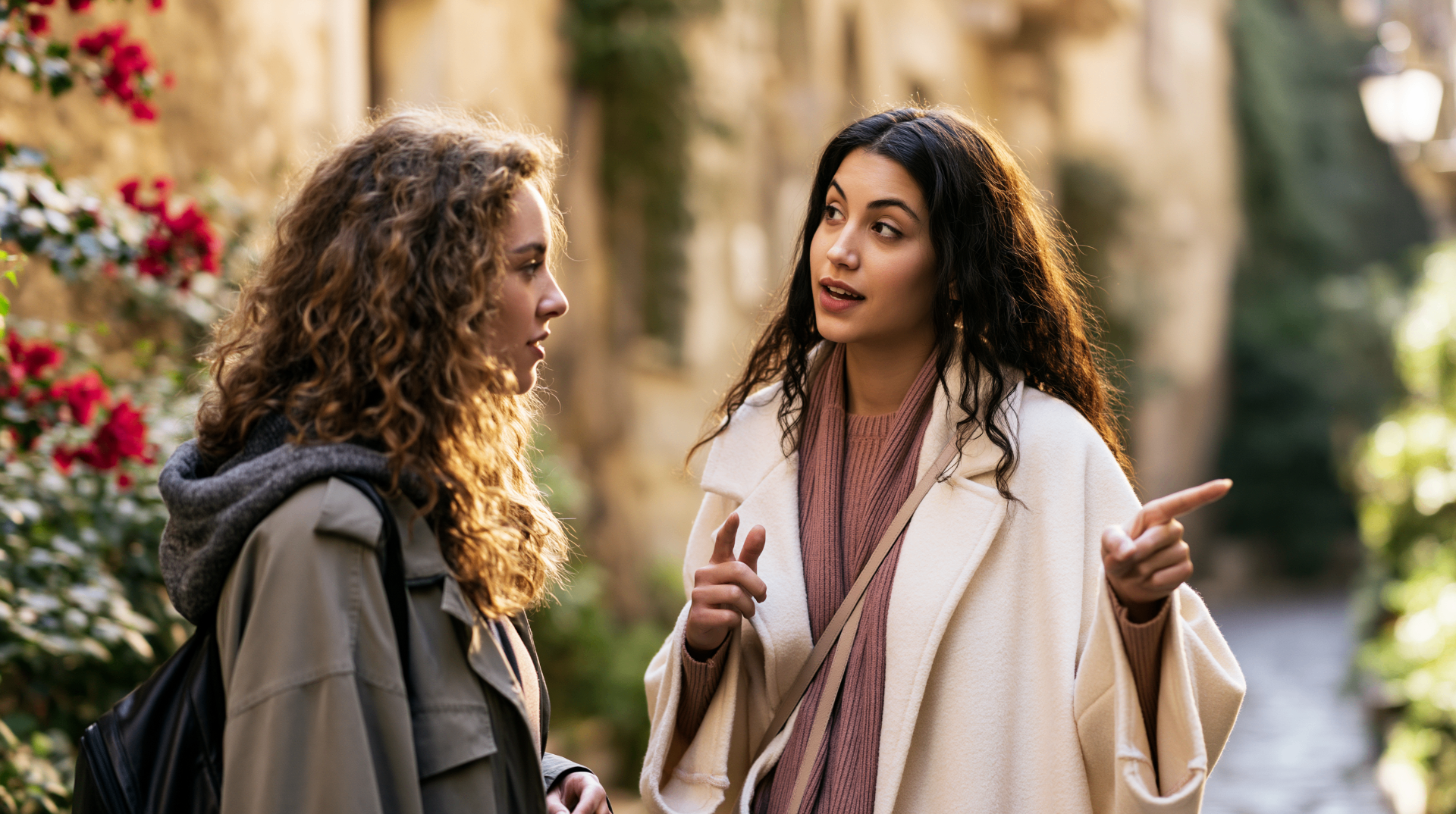 A traveller stopping a friendly local on a sunlit street to ask for directions