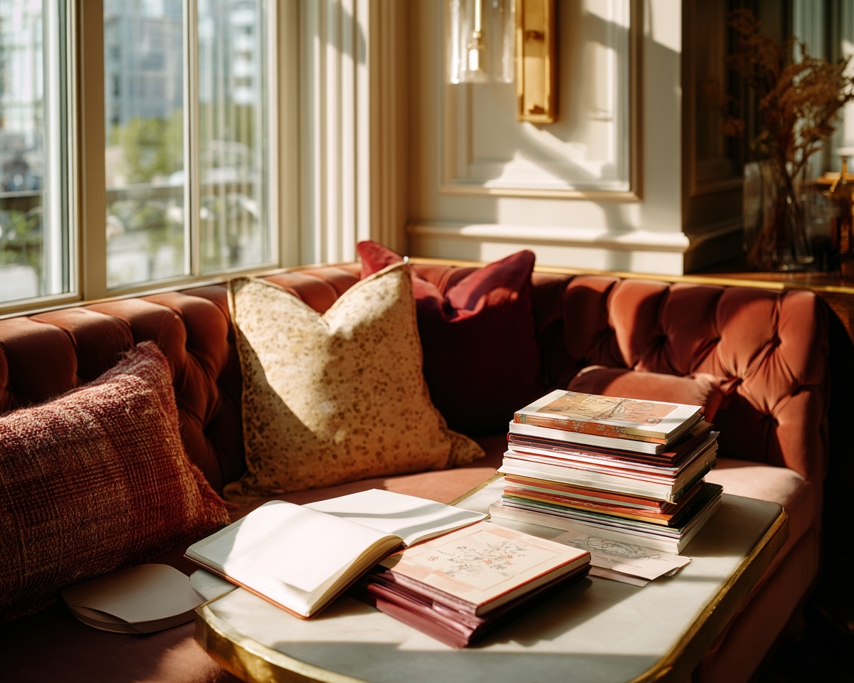 A warm, sunlit study nook with an open notebook and a stack of language books on a small table