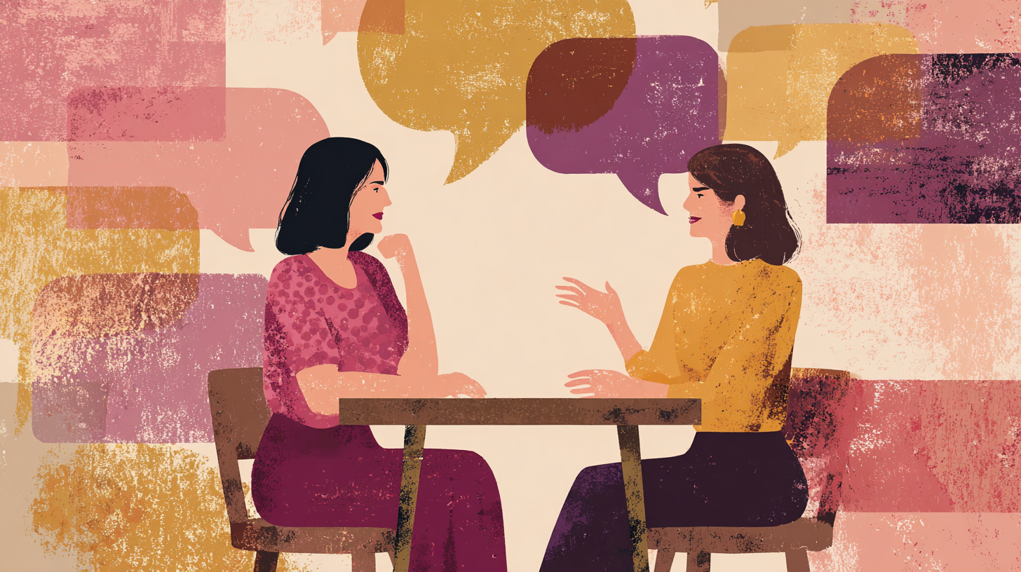 Editorial illustration of two adults in conversation across a small table, warm speech bubbles behind them